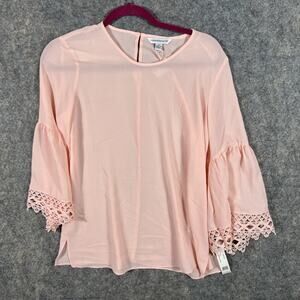COUNTERPARTS BRAND PINK BLOUSE W/LACE TRIMMED SLEEVES-SZ SMALL COTTON/POLY BLEND